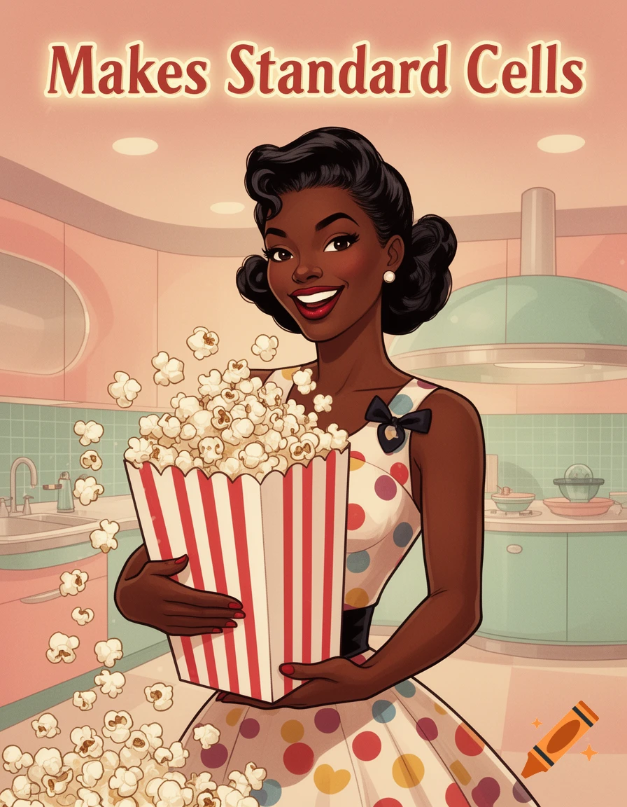 Smiling Black woman in retro dress holding overflowing popcorn in a 50s-style kitchen, text 'Makes Standard Cells'.