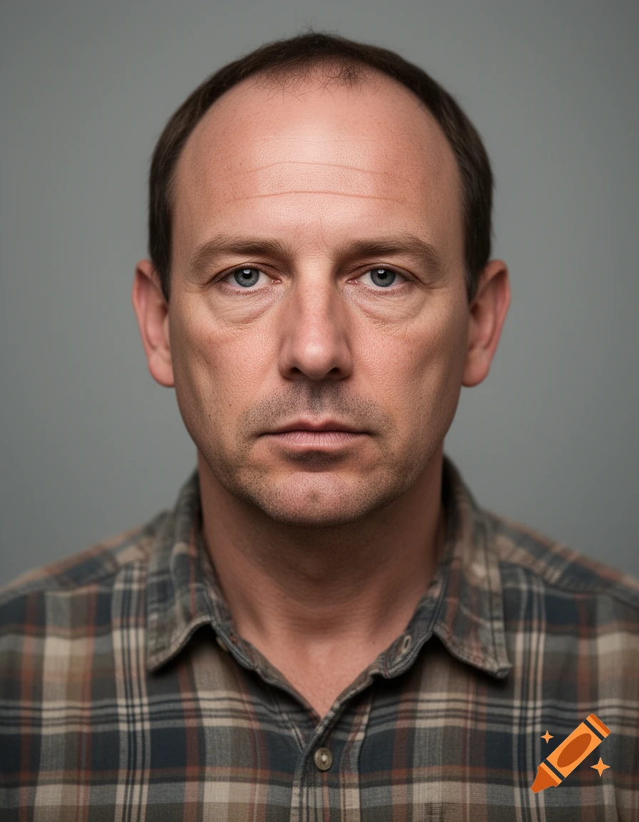 Photorealistic portrait of a Caucasian man in his 40s with a receding hairline, wearing a plaid shirt, against a gray background.
