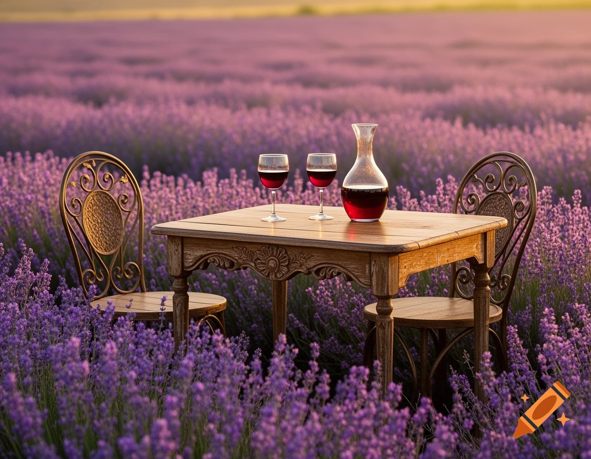 A rustic wooden table with two ornate chairs, wine glasses, and a carafe of red wine stands in a vibrant purple lavender field at sunset.