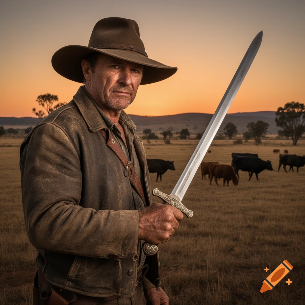 A man in a hat and jacket holds a sword, standing in a field with cattle at sunset.
