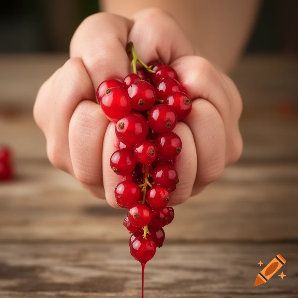 A close-up of a hand squeezing a bunch of red currants, with red juice dripping from the berries onto a rustic wooden surface.