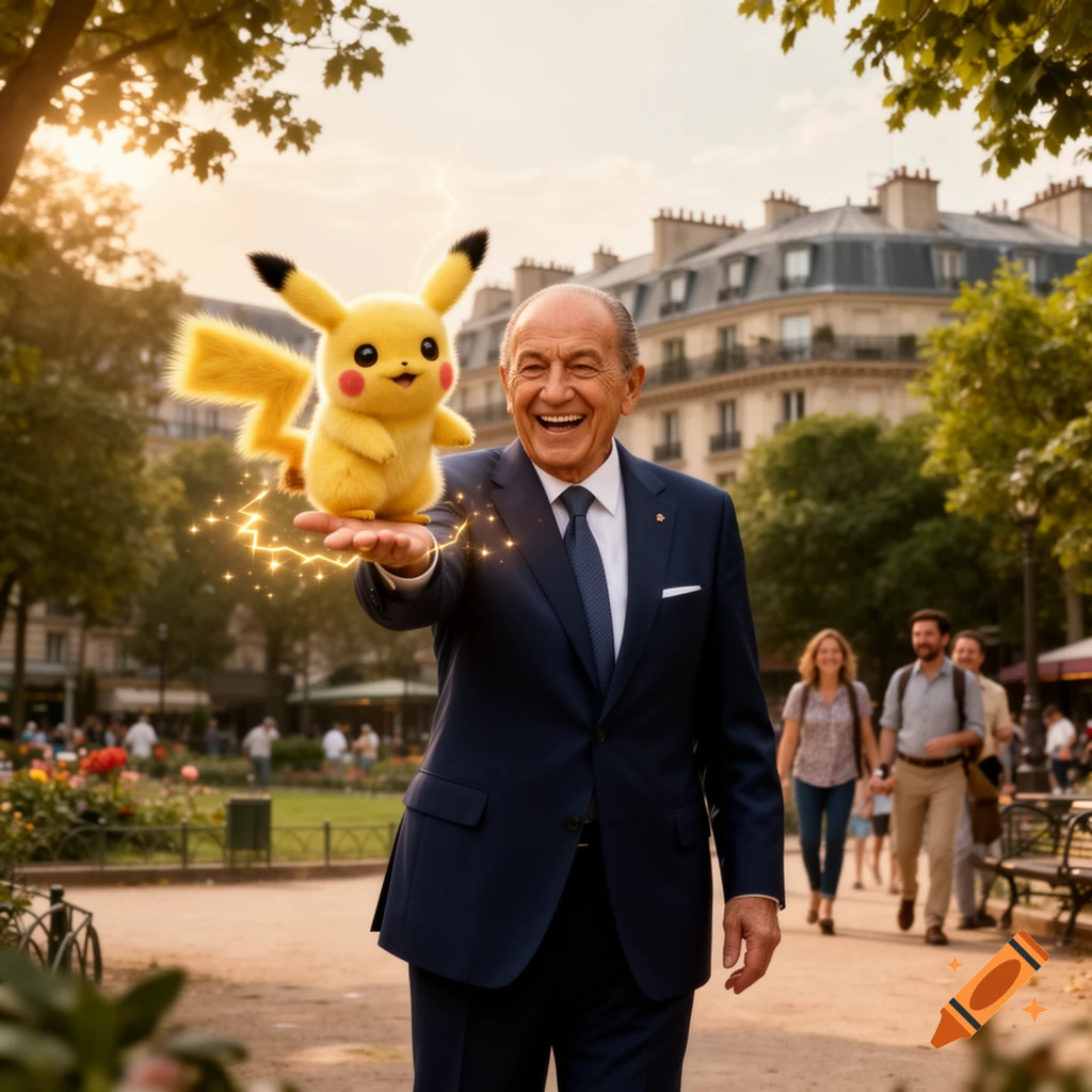 An older man in a suit smiles, holding a glowing Pikachu on his open hand in a city park at sunset.