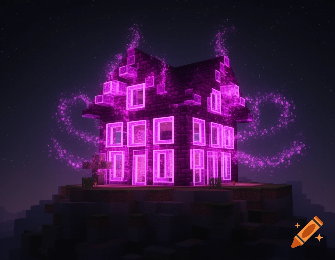 A glowing purple Minecraft-style house stands on a blocky hill under a dark, starry night sky, emitting magical particles.