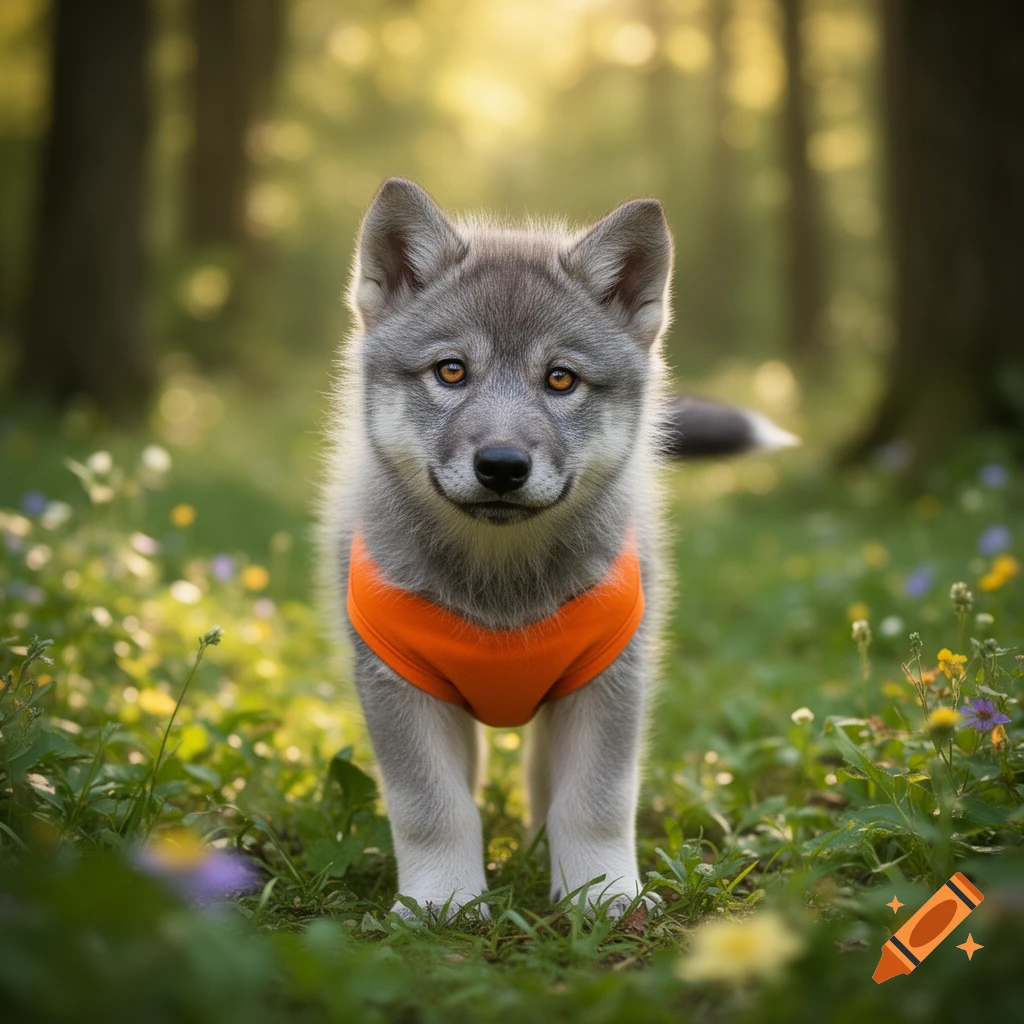A fluffy grey wolf pup in an orange shirt stands among wildflowers in a sunlit forest.