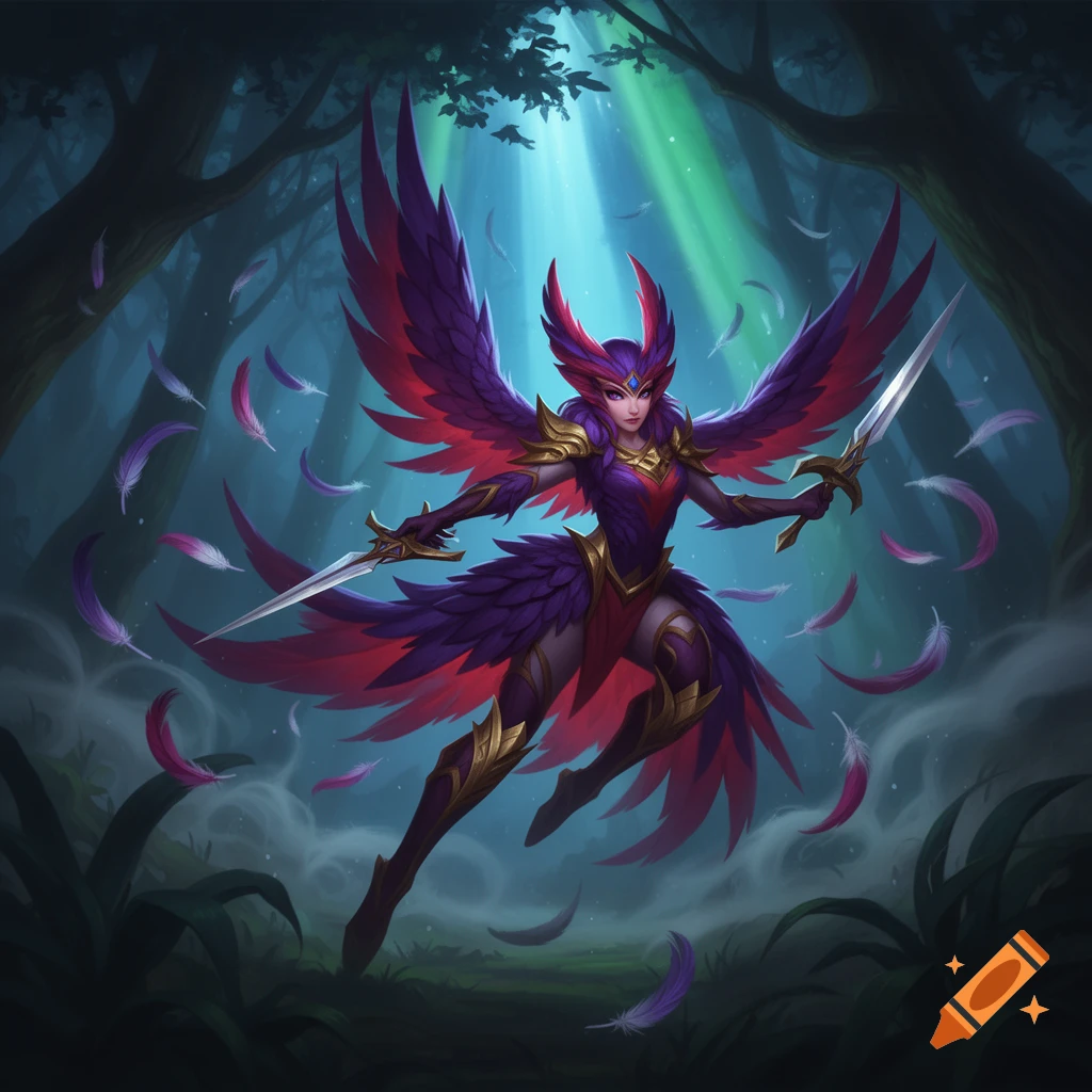 Xayah, a feathered warrior with purple and red wings, holds two swords in a dark forest with falling feathers and light beams.