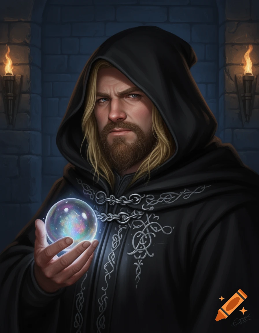 A blonde, bearded man in a black hooded robe holds a glowing magic orb in a dark, torch-lit stone interior. Painted portrait.
