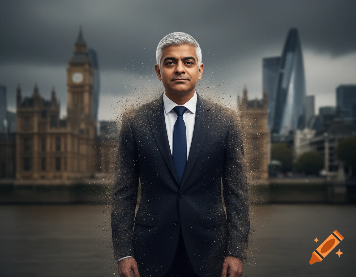 Sadiq Khan, a man with gray hair, disintegrating into golden particles against a dark, blurry London cityscape with Big Ben.