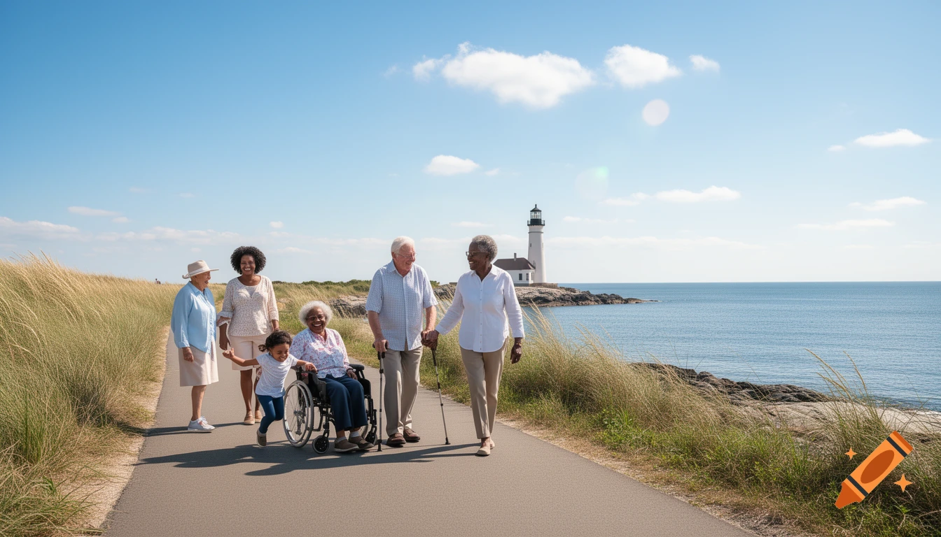 A diverse family group, including seniors and a child, walk a coastal path with a lighthouse and ocean, photorealistic.