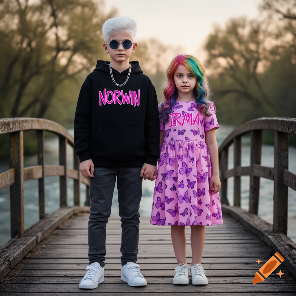 A boy in a black 'NORWIN' hoodie, white hair, and sunglasses stands with a girl in a pink 'IRMA' butterfly dress, rainbow hair, on a wooden bridge.