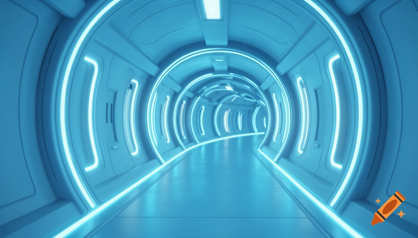 Hyper-realistic 3D render of an endless futuristic sci-fi corridor illuminated by glowing light-blue neon lights.