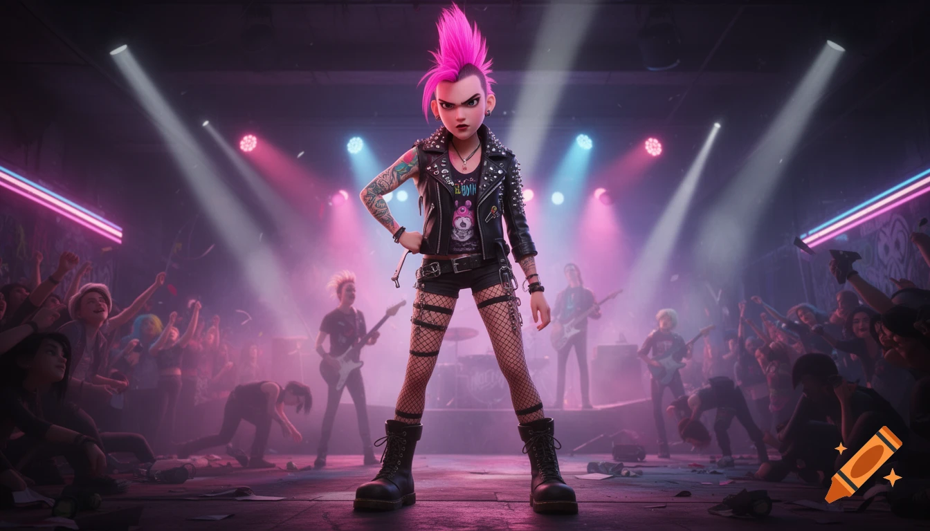 3D animated punk girl with a neon pink mohawk and leather jacket on stage at a rock concert, with a cheering crowd in the background, illuminated by dramatic pink and blue lights.