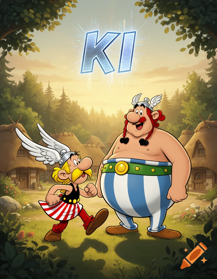 Cartoon of Asterix and Obelix standing in a village with glowing 'KI' text above them.