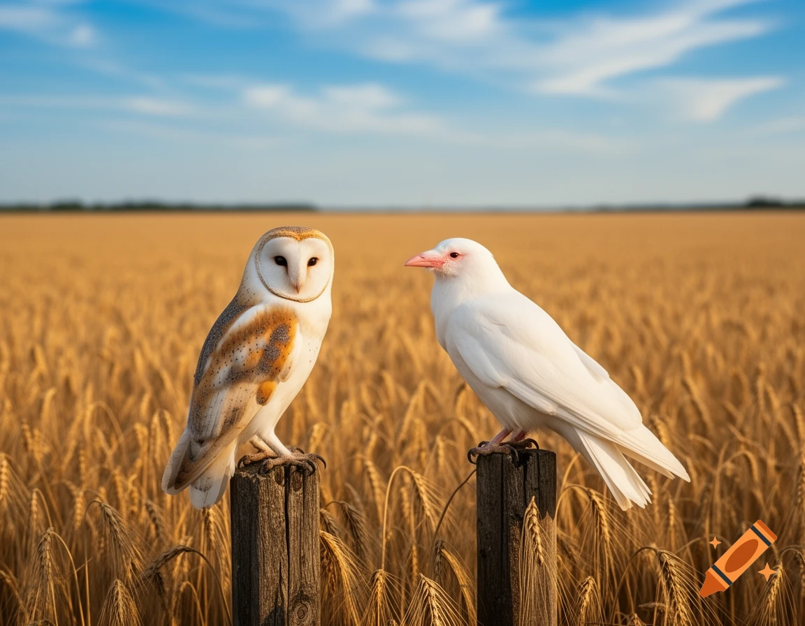 A barn owl and an albino crow perched on wooden posts in a golden wheat field under a blue sky, photorealistic.