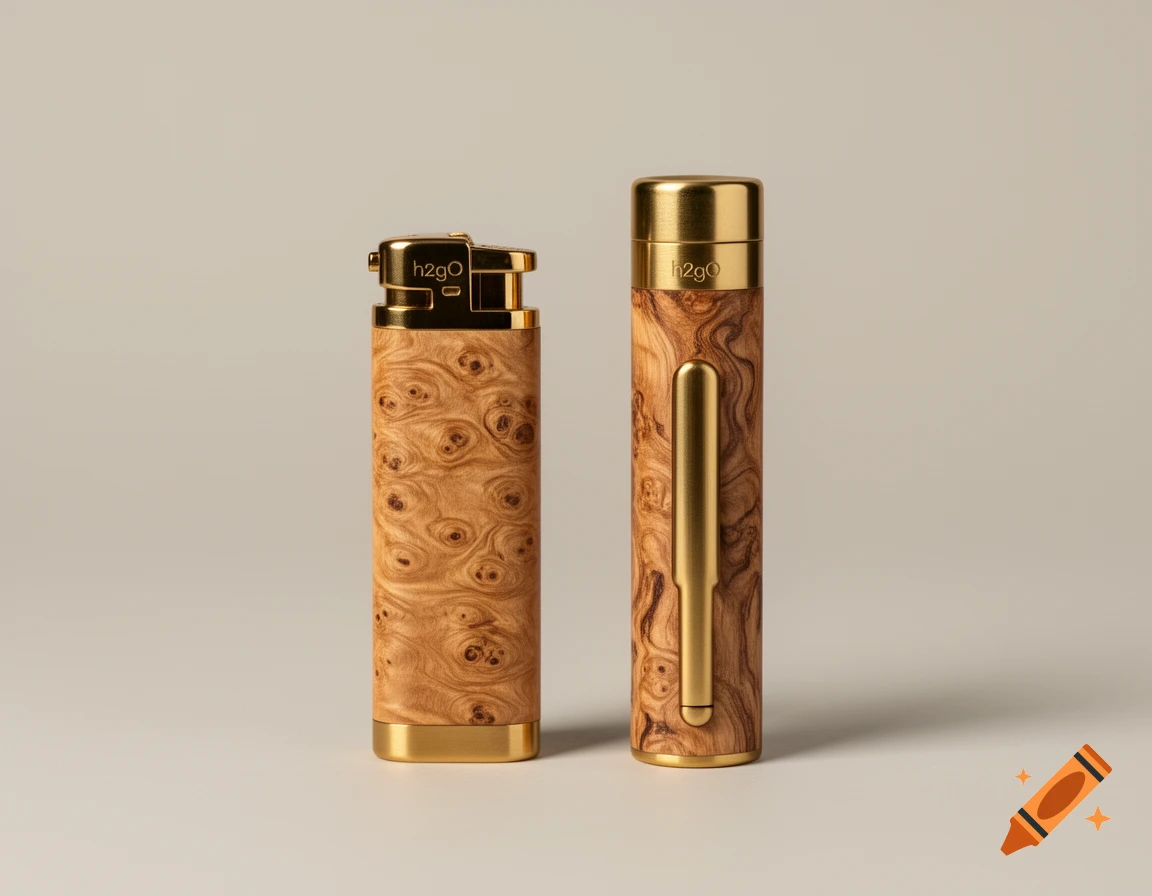 A luxury arc lighter and a water purifier made of curly birch wood and polished brass, against a plain background.