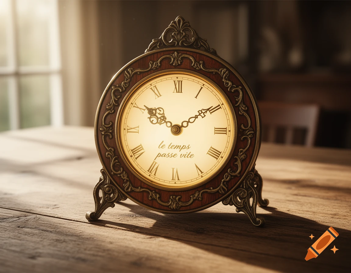 An ornate antique clock with Roman numerals and 'le temps passe vite' text, on a wooden table bathed in sunlight.