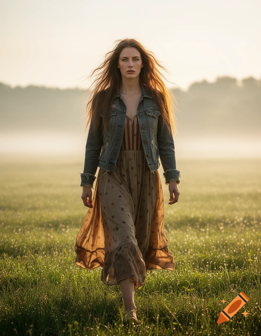 A woman with long disheveled hair, wearing a denim jacket and a patterned dress, walks barefoot through a misty field at sunrise.