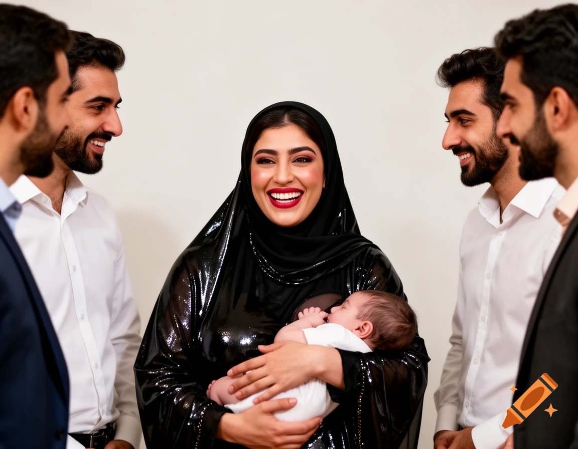 A smiling woman in a black shiny abaya and hijab holds a baby, surrounded by four smiling men in white shirts.