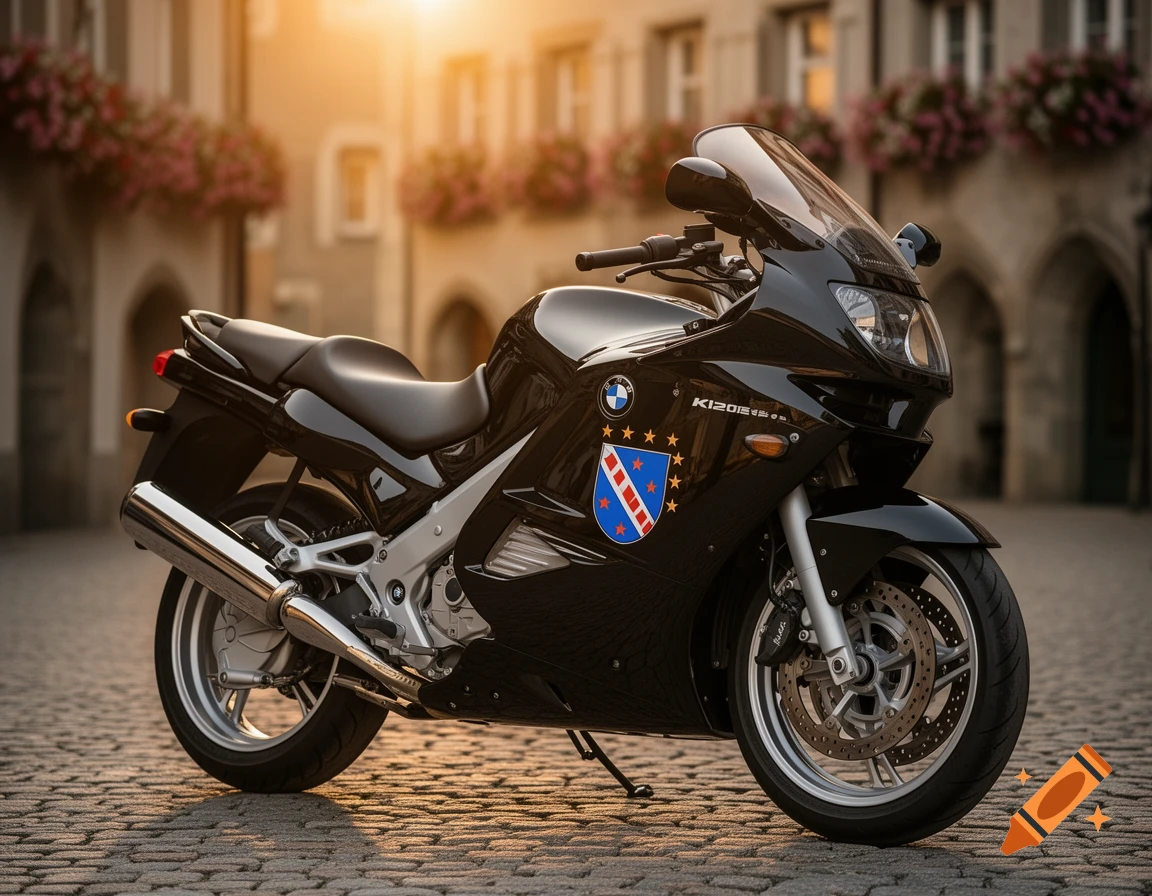 A black BMW K1200RS motorcycle, with a red, white, and blue coat of arms decal, is parked on a cobblestone street at sunset.