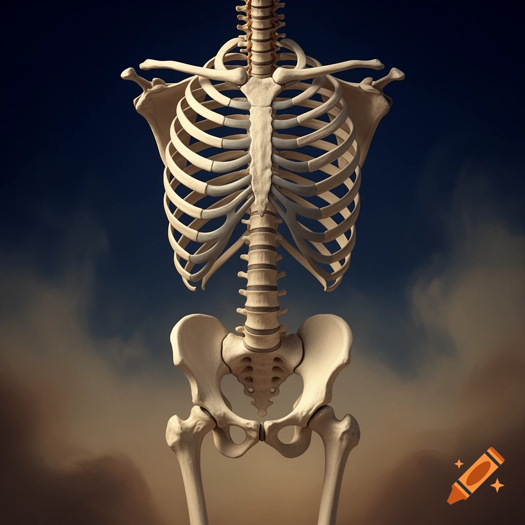 Detailed human torso skeleton showing the rib cage, spine, and pelvis, against a dark, smoky background.