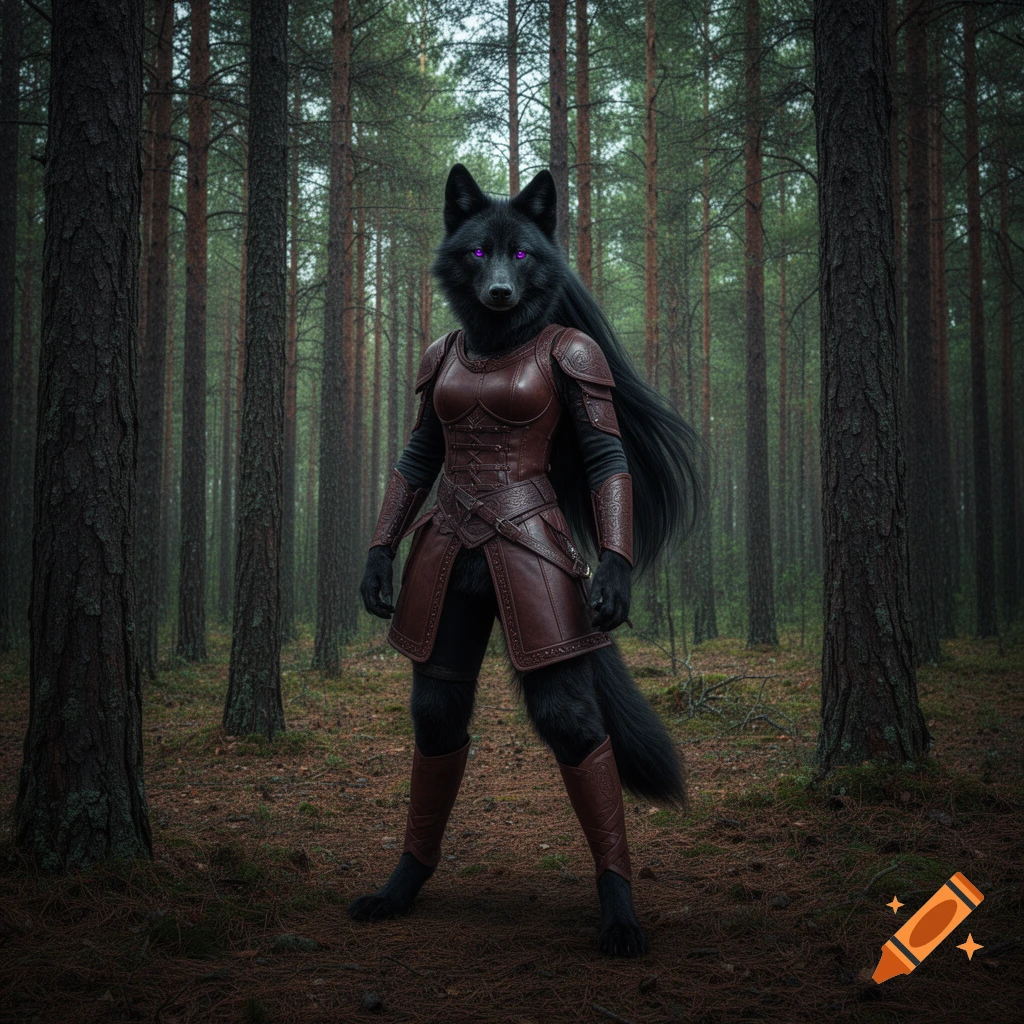 Photorealistic image of an anthropomorphic black wolf warrior with long hair and purple eyes, wearing brown leather armor in a dark pine forest.