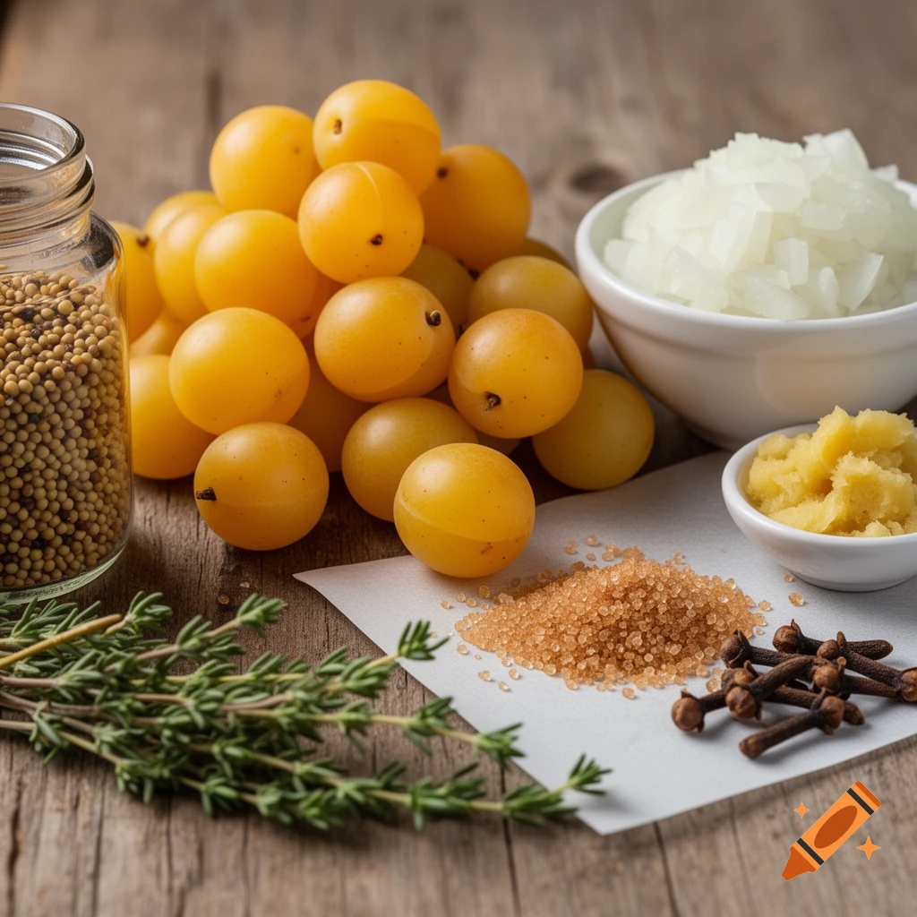 A still life composition of mirabelle plums, mustard seeds, chopped onions, ginger, brown sugar, cloves, and thyme on a wooden surface.