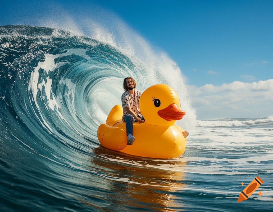 A man with a beard rides a giant yellow rubber ducky on a large blue ocean wave under a clear sky.