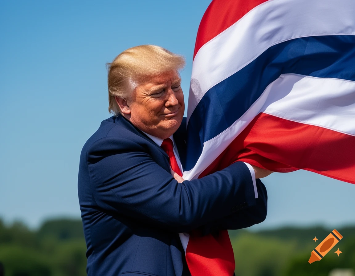 Donald Trump in a blue suit and red tie hugs a red, white, and blue flag under a clear sky.
