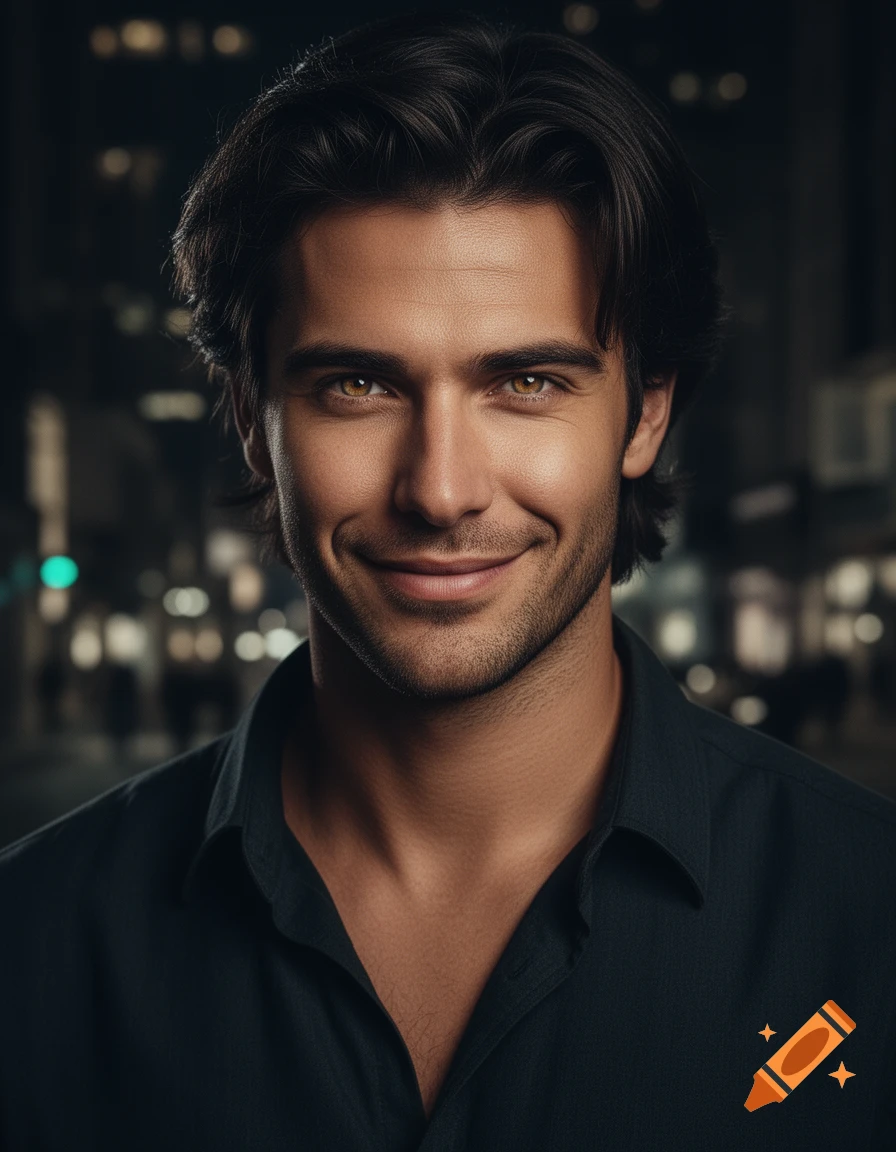 A photorealistic portrait of a smiling man with dark hair and hazel eyes, wearing a dark shirt in a dimly lit urban setting.