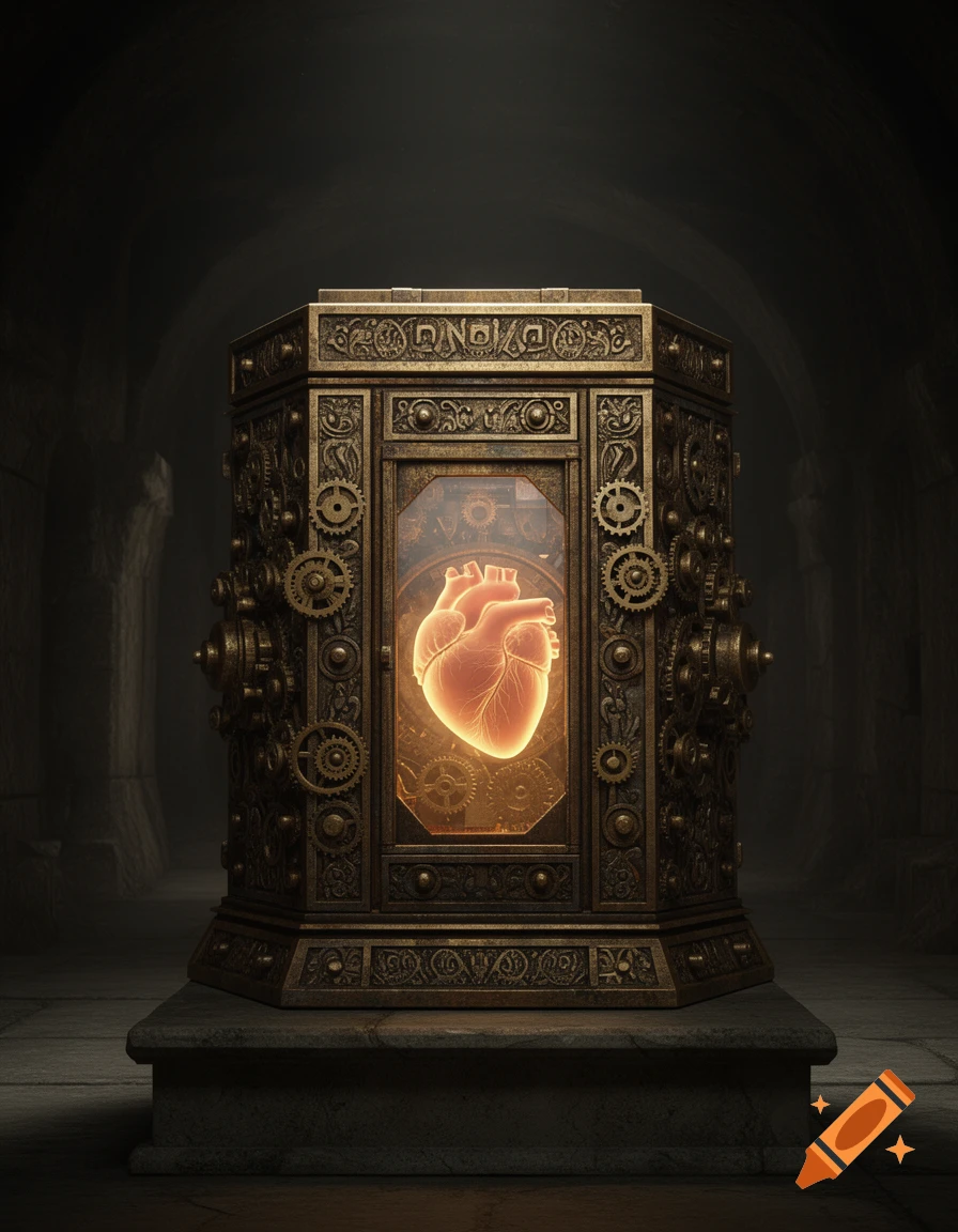 A glowing human heart contained within an ornate, dark bronze, steampunk-style casket, set in a shadowy chamber.