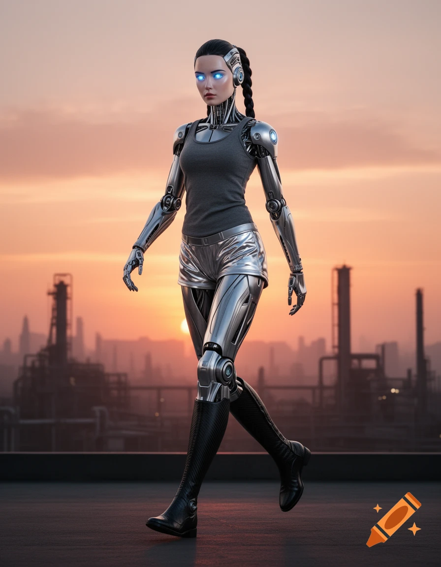 A photorealistic robot girl in a gray tanktop, silver shorts, and black boots walks on a rooftop against an industrial sunset.