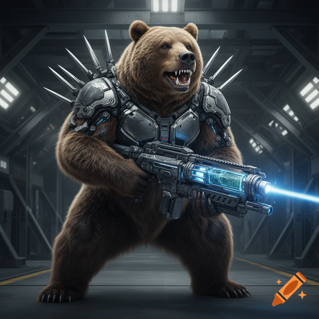 A full-body image of a powerful anthropomorphic grizzly bear in spiked cybernetic armor, holding a glowing energy beam plasma machine gun in a futuristic setting.