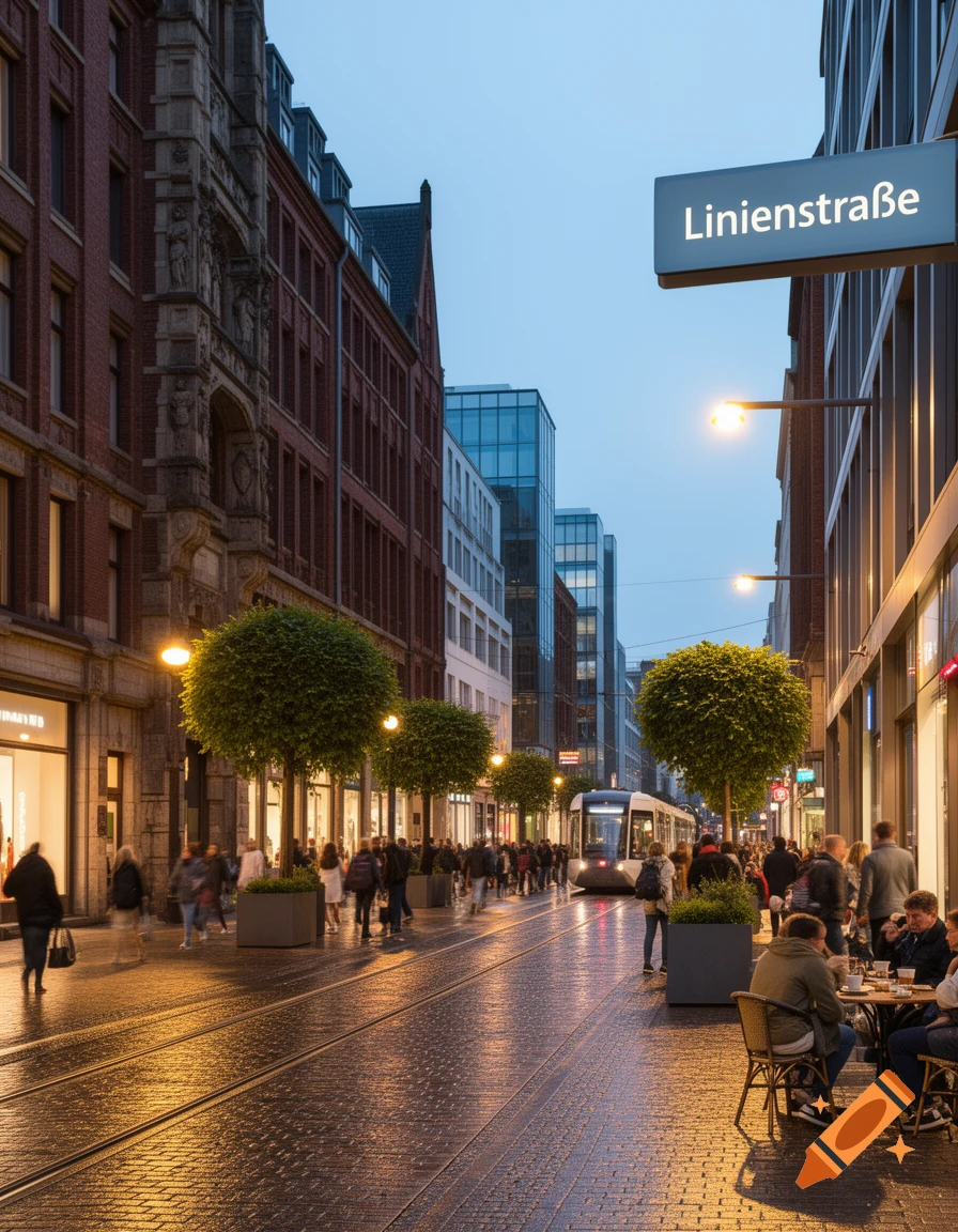 A bustling city street at dusk, with pedestrians, outdoor diners, and a tram on wet cobblestone, flanked by shops and buildings.