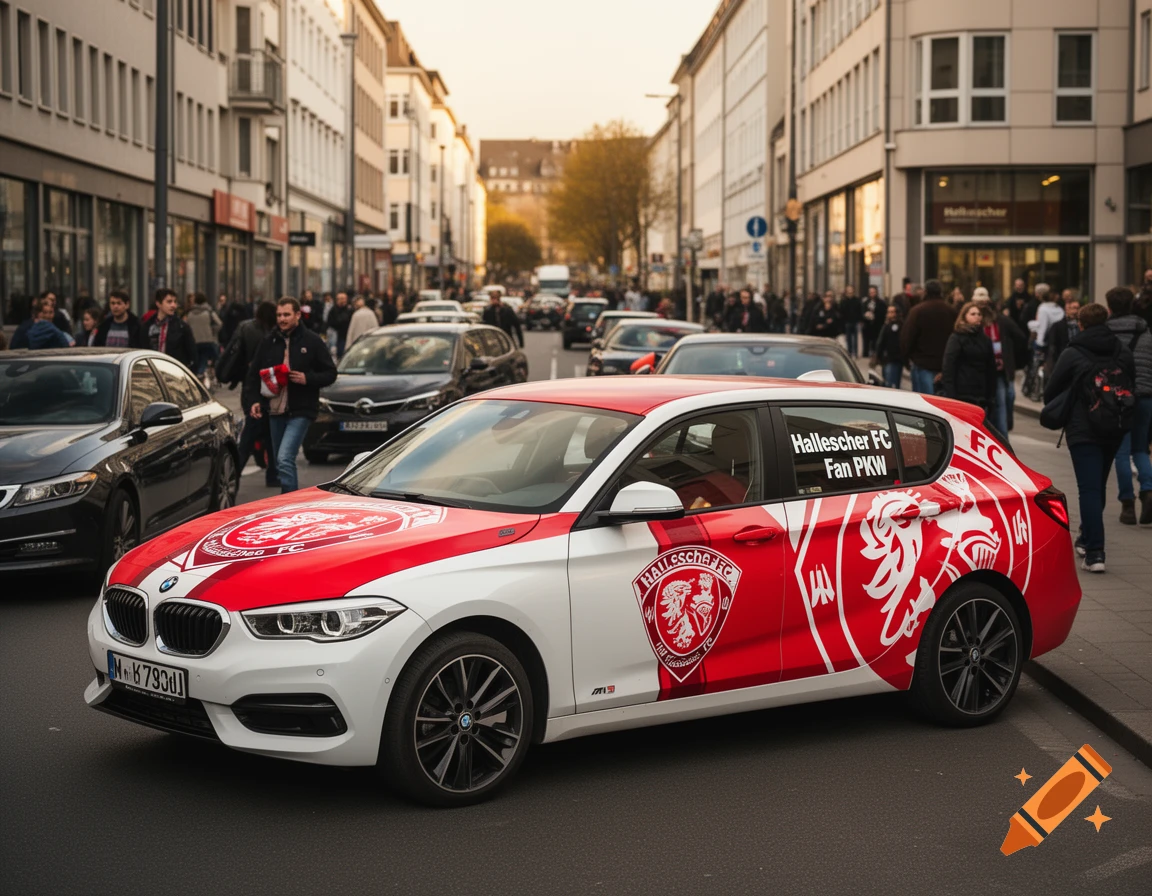 A white and red BMW car with 'Hallescher FC Fan PKW' branding on a city street with pedestrians.