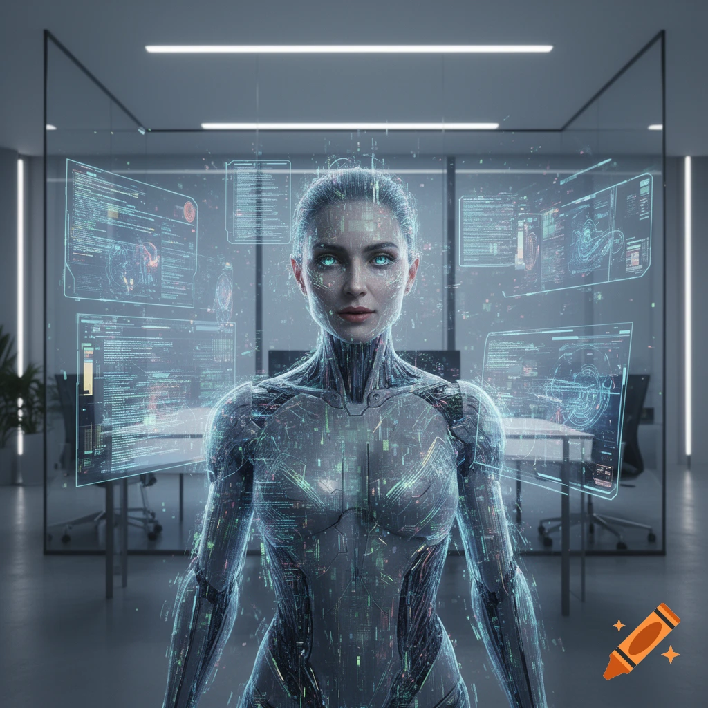 A futuristic female cyborg stands in a modern office surrounded by glowing blue holographic data screens.