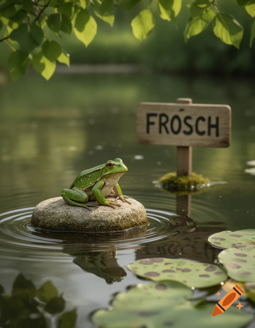 A green frog sits on a rock in a pond with lily pads, a wooden sign reads "FROSCH" in the background.
