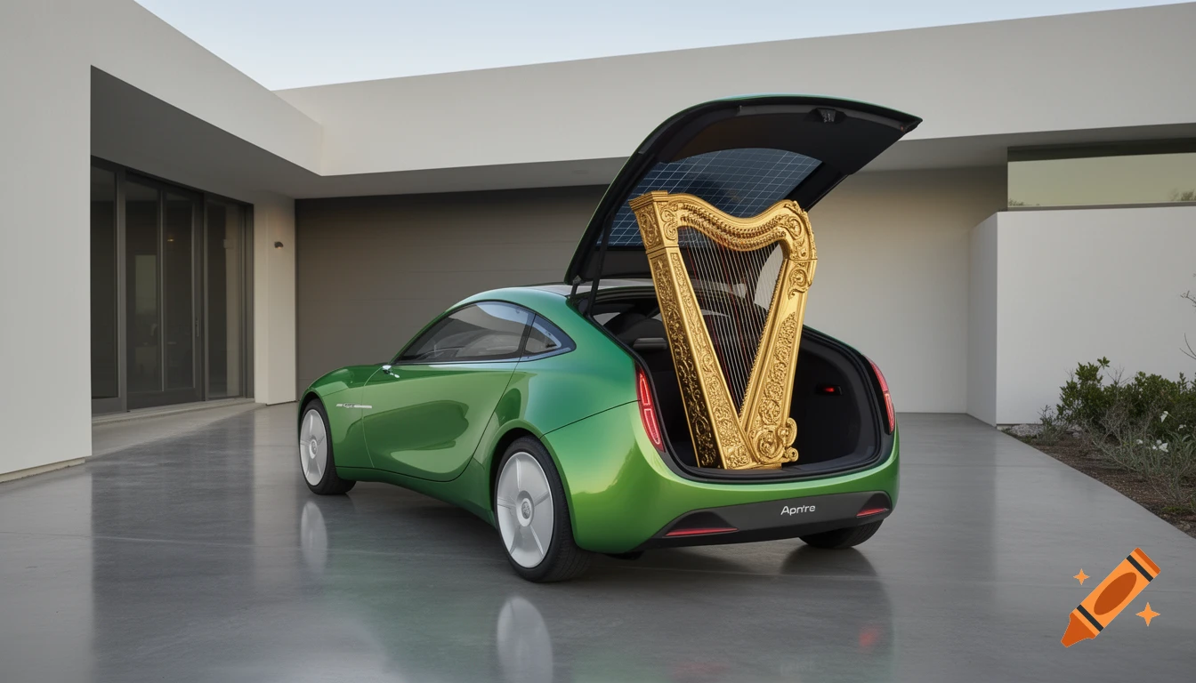 A sleek, green Aptera solar EV parked in a modern driveway with its rear hatch open, revealing a large ornate gold concert harp squeezed inside.