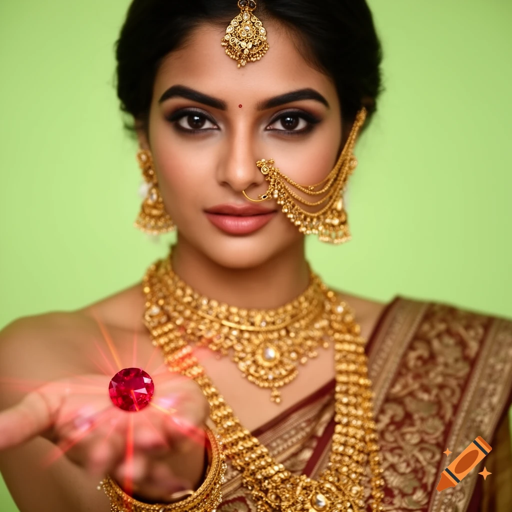 A beautiful Indian woman adorned in traditional gold jewelry, holding a glowing red ruby on her outstretched hand against a light green background.