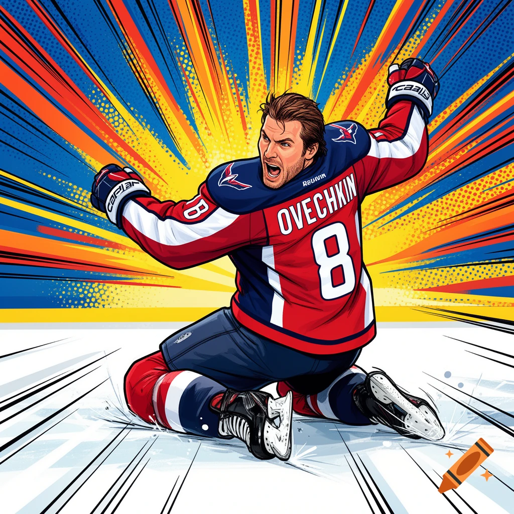 Vector comic art of hockey player Alexander Ovechkin celebrating on his knees on ice, wearing a red Capitals jersey number 8, vibrant background.