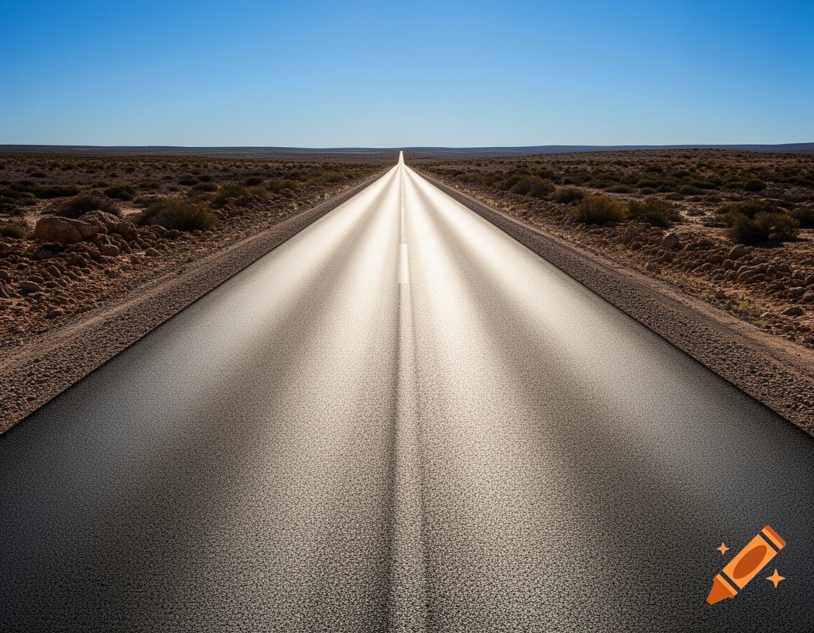 A long, straight asphalt road stretches into the distance through a dry, arid landscape under a clear blue sky, with sun reflecting on the road.