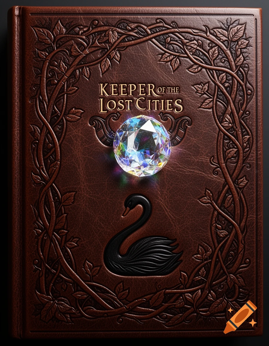 Brown leather book cover with embossed vines, a sparkling crystal, a black swan symbol, and the title KEEPER OF THE LOST CITIES.