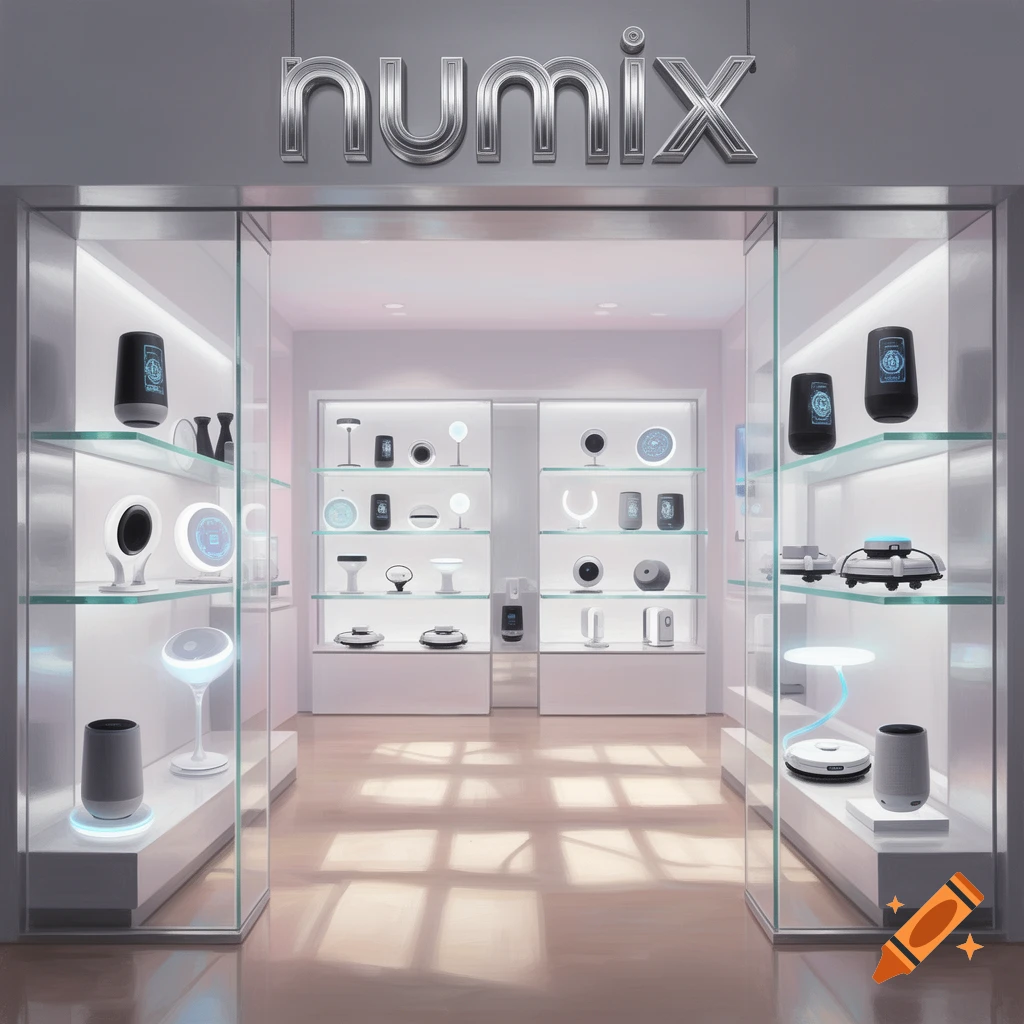 A modern storefront for 'numix' displaying futuristic household accessories on illuminated glass shelves.