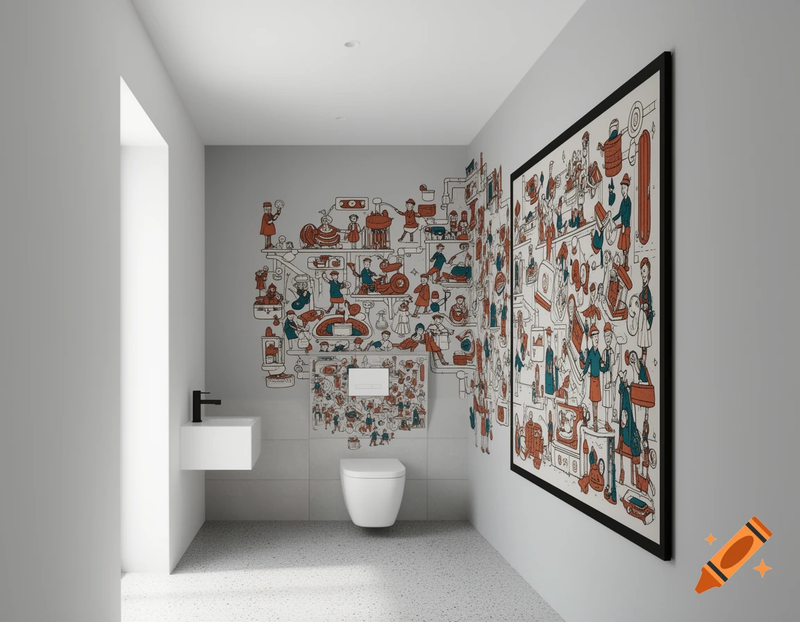 A modern guest toilet with a floating sink, wall-hung toilet, and a large, intricate 'Where's Wally?'-style mural.