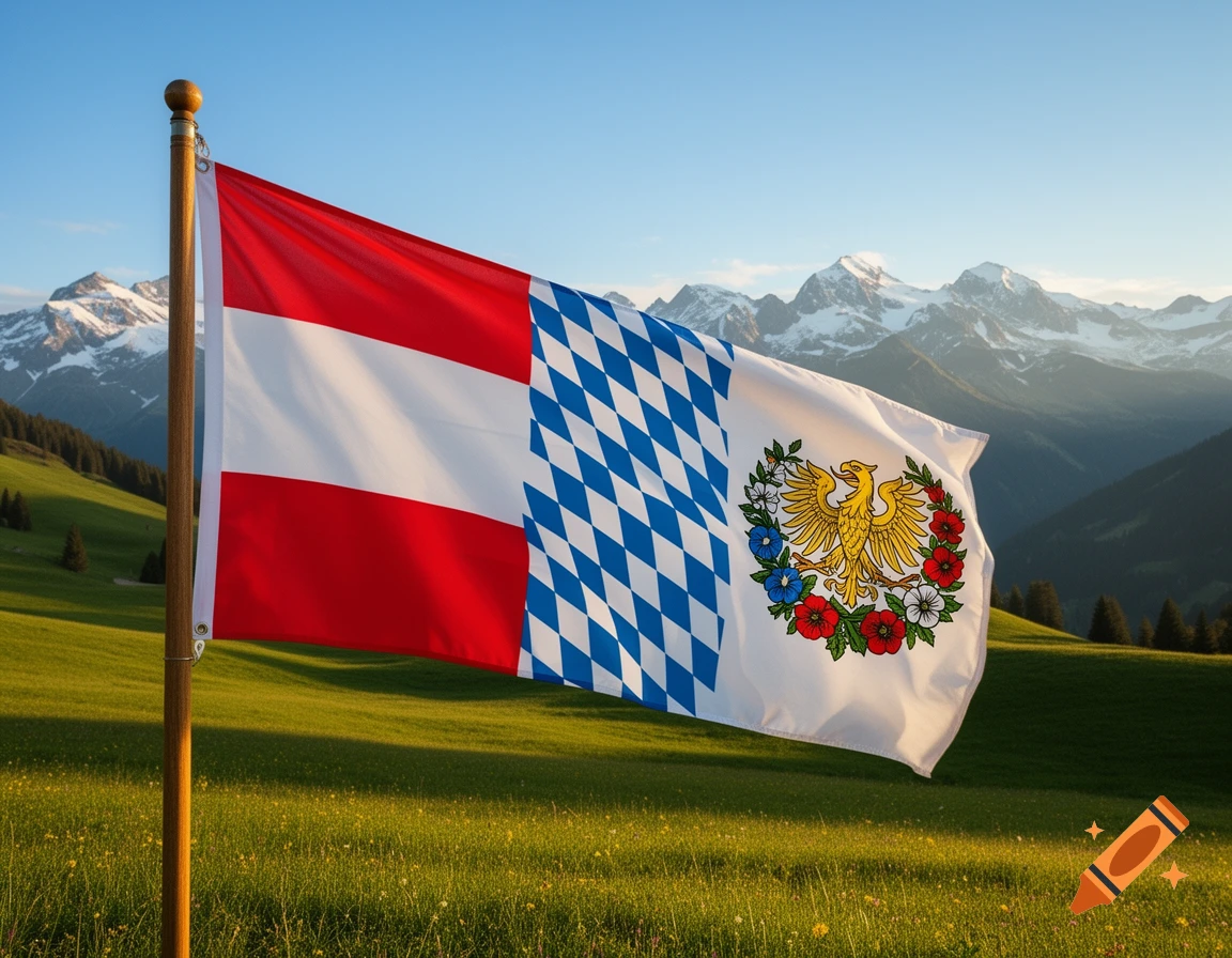 A flag combining Austrian, Bavarian, and South Tyrolean designs, featuring an eagle, waves in a sunny mountain meadow.
