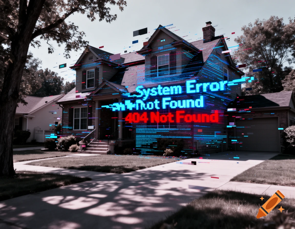 A suburban house glitching with blue and red digital error messages like 'System Error' and '404 Not Found' overlaid on its facade.
