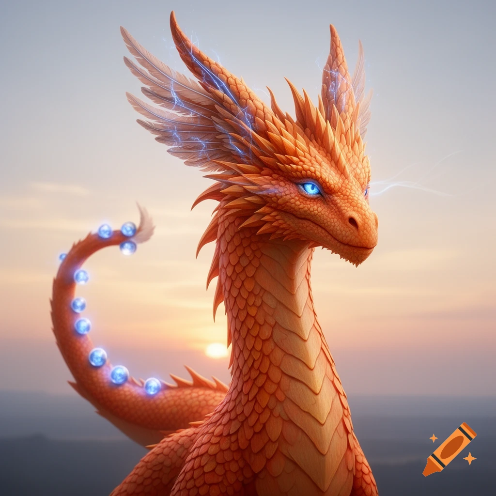 An orange dragon with glowing blue eyes and feathered, electric-blue wing-like ears, and luminous blue orbs along its tail, against a soft sunset sky.