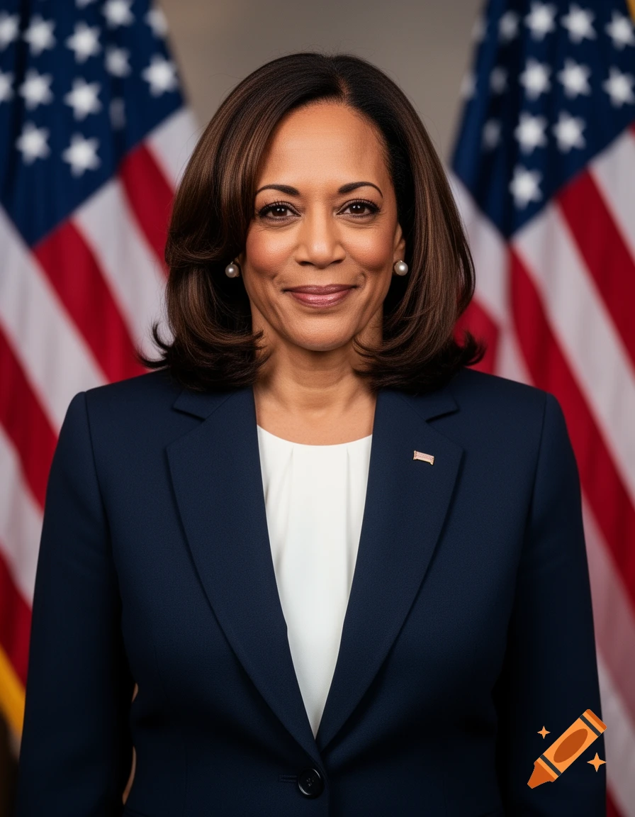 Photorealistic portrait of Kamala Harris, smiling, in a navy blue suit and white shirt, with blurred American flags in the background.