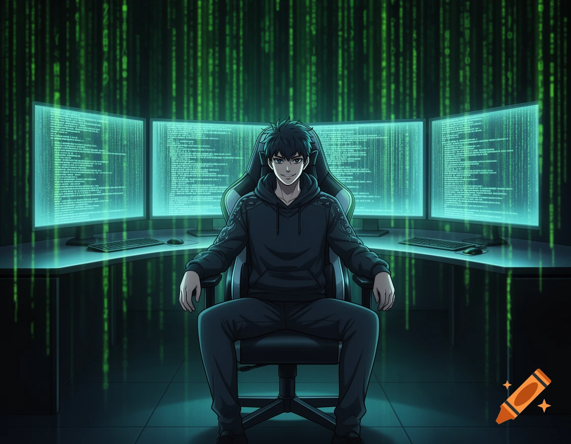 Anime-style hacker in a gaming chair looking at the camera, surrounded by four glowing computer screens and green Matrix code.