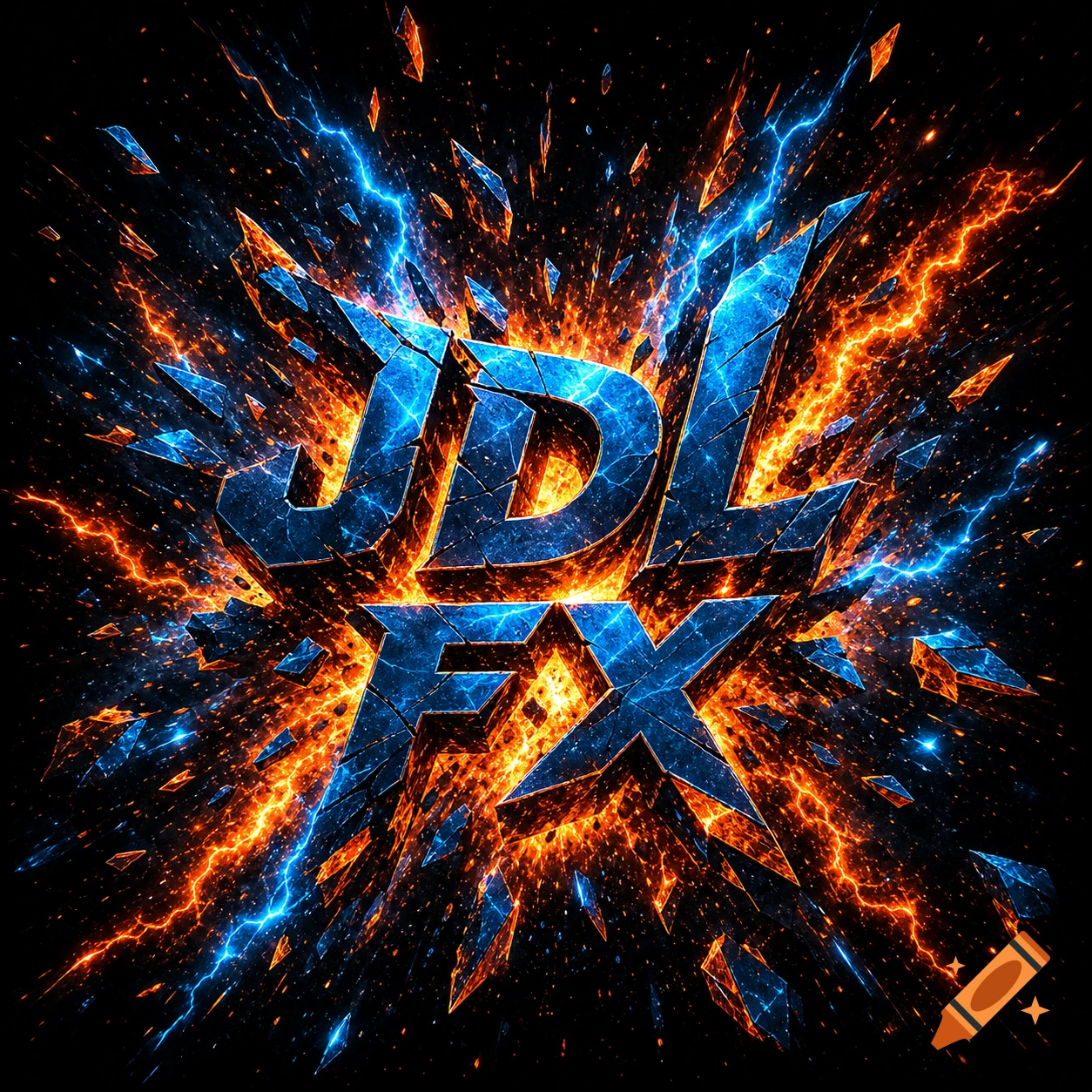 A dynamic blue and orange exploding logo with shattered fragments and electrical arcs against a black background, spelling "JDL FX".