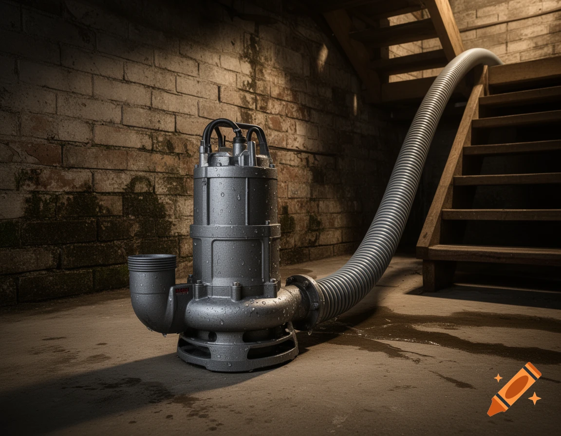 A photorealistic image of a submersible pump with a hose, covered in water droplets, sitting on a wet concrete floor in a cellar next to wooden stairs.