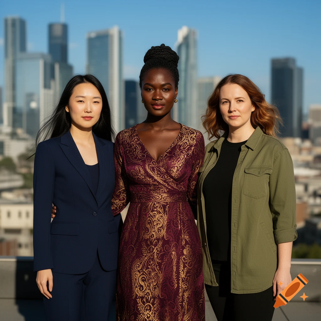 Three diverse women stand side-by-side on a rooftop, with a blurred city skyline under a clear blue sky.